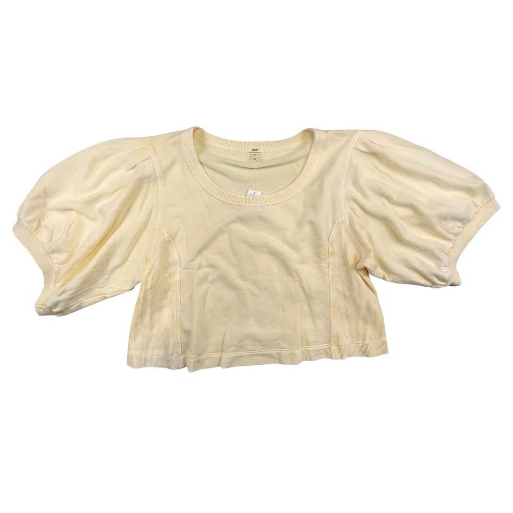 Aerie Women XXL Pale Yellow Cropped Puff Sleeve Sweatshirt French Terry 065-0743